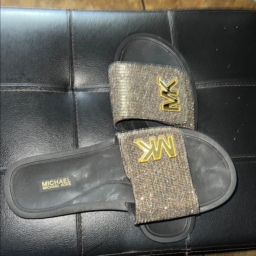 Michael Kors Glittery Gold and Black Slides